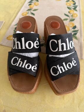 Chloé Black Logo Slide Sandals with Brown Leather Footbed